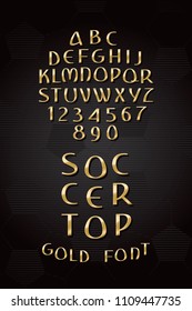 Gold Hand Drawn Font Called Soccer Top Cyrillic Style Sport Trophy Shape Lettering - Golden Caps and Numerals on Black Football Ball Texture Background - Vector Crafted Typography Design