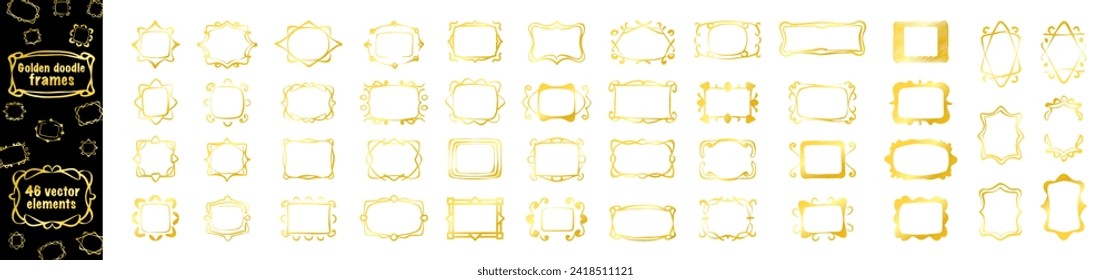 Gold handgezeichnete Linie, Rahmen, Rahmen Vektordesign Element Set. Goldener doodaler Vektorrahmen-Set