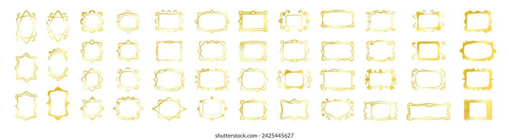 Gold hand drawn line, border, frame vector design element set. Golden doodle vector frame set