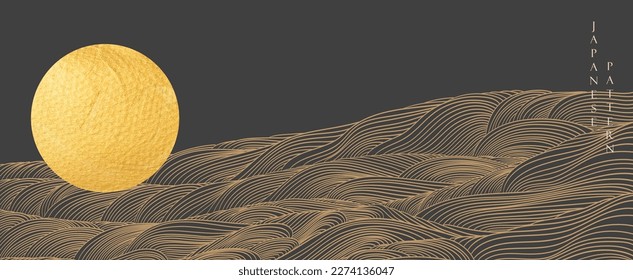 Gold hand drawn line and moon with mountain landscape pattern in vintage style. Abstract art banner design with moon element vector in Japanese style.