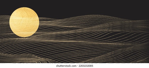Gold hand drawn line with mountain landscape pattern in vintage style. Abstract art banner design with moon element vector in Japanese style.