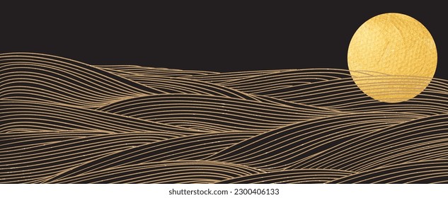 Gold hand drawn line with mountain landscape pattern in vintage style. Abstract art banner design with moon element vector in Japanese style.