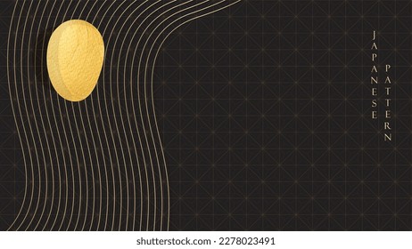 Gold hand drawn line pattern with stone  in vintage style. Abstract art banner design with meditation style vector. Geometric pattern with black background in Japanese style.