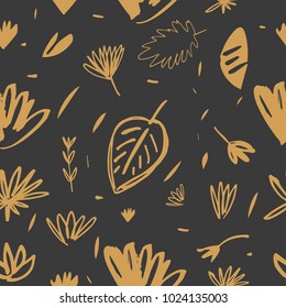 Gold hand drawn organic pattern. Autumn leaves, fall. Decor elements for postcard, sticker, card for social networks and for printing. Vector, clip art. Isolated.