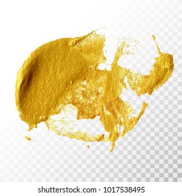 Gold hand drawn paint brush stroke isolated on transparent background. Abstract vector golden acrylic smear spot. High detailed gold glittering textured palette knife paint stroke
