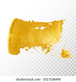 Gold hand drawn paint brush stroke isolated on transparent background. Abstract vector golden acrylic smear spot. High detailed gold glittering textured palette knife paint stroke