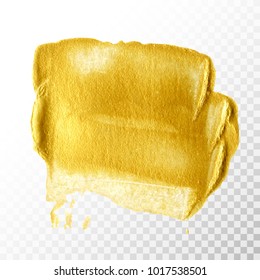 Gold hand drawn paint brush stroke isolated on transparent background. Abstract vector golden acrylic smear spot. High detailed gold glittering textured palette knife paint stroke