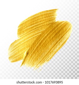 Gold hand drawn paint brush stroke isolated on transparent background. Abstract vector golden acrylic smear spot. High detailed gold glittering textured paint brushstroke