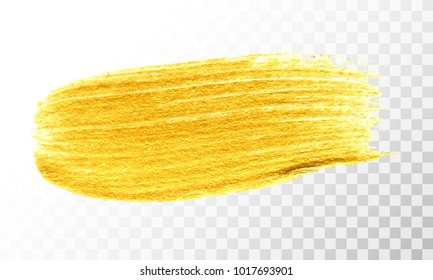 Gold hand drawn paint brush stroke isolated on transparent background. Abstract vector golden acrylic smear spot. High detailed gold glittering textured paint brushstroke