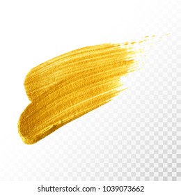 Gold hand drawn paint brush stroke isolated on transparent background. Abstract vector golden acrylic smear spot. High detailed gold glittering textured paint stroke