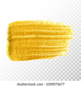 Gold hand drawn paint brush stroke isolated on transparent background. Abstract vector golden acrylic smear spot. High detailed gold glittering textured paint stroke