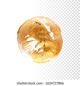 Gold hand drawn paint brush stroke isolated on transparent background. Abstract vector golden acrylic smear spot. High detailed gold glittering textured paint brushstroke