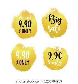 Gold hand drawn Sale banner set with a lettering. Discount card, tag, sticker for clearance, Black Friday event with golden color brush spot isolated on white. Vector Illustration EPS10 file.