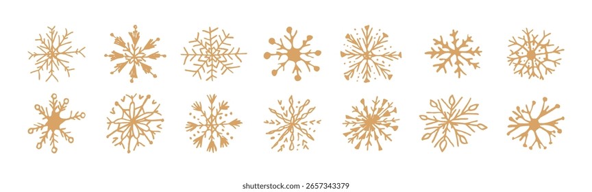 Conjunto de copos de nieve dibujados a mano de oro. Iconos de vector de invierno. Colección doodle copo de nieve, adorno de cristal. Elemento de diseño para el año nuevo, cartel de Anuncio de tarjetas de Navidad. Linda decoración