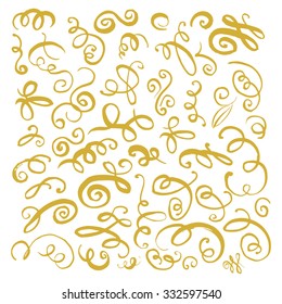 Gold hand drawn vintage swirls. Design elements for text, wedding cards and invitations. Vector illustration 