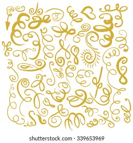 Gold hand drawn vintage swirls. Design elements for text, wedding cards and invitations. Vector illustration 