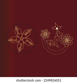  gold hand drown flower. Abstract decorative element for graphic design based on hand drown image. Isolated on red background.