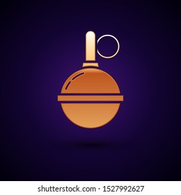 Gold Hand grenade icon isolated on dark blue background. Bomb explosion.  Vector Illustration