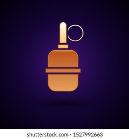 Gold Hand grenade icon isolated on dark blue background. Bomb explosion.  Vector Illustration
