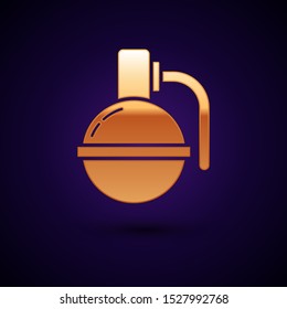 Gold Hand grenade icon isolated on dark blue background. Bomb explosion.  Vector Illustration