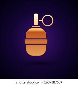 Gold Hand grenade icon isolated on dark blue background. Bomb explosion.  Vector Illustration