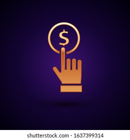 Gold Hand holding coin icon isolated on dark blue background. Dollar or USD symbol. Cash Banking currency sign.  Vector Illustration
