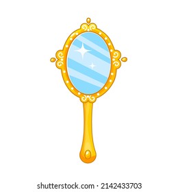 Gold hand mirror for little princess with reflections.Shiny gold mirror in oval form.Fantasy drawn elements for baby girl birthday or party.Vector cartoon illustration