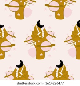 gold hand, pink planets, moon and stars, perfect to use on the web or in print