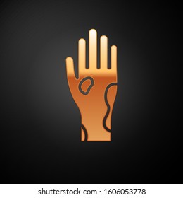 Gold Hand with psoriasis or eczema icon isolated on black background. Concept of human skin response to allergen or chronic body problem.  Vector Illustration