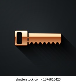 Gold Hand saw icon isolated on black background. Long shadow style. Vector Illustration