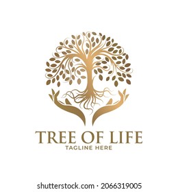 gold hand and tree logo design template