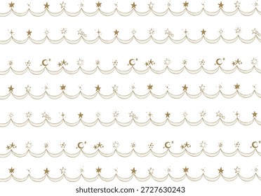Conjunto de borde Horizontal de estrella y luna celestial dibujado a mano de oro con líneas onduladas decorativas