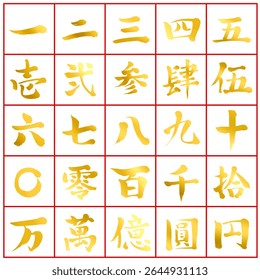 Gold Handwritten Brush Calligraphy – Kanji Numbers Set
