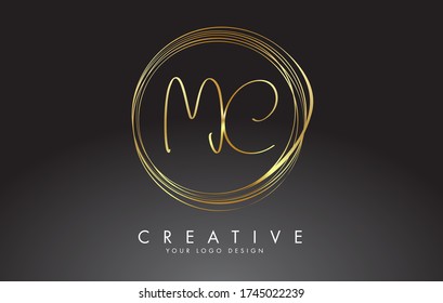 Gold Handwritten MC M C Letters Logo with a minimalist design. MC Icon with Circular Golden Circles. Creative Stamp Vector Illustration with letters M and C. 
