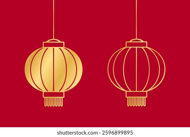 Gold Hanging Chinese Lantern Set, Lunar New Year and Mid-Autumn Festival Decoration Graphic. Decorations for the Chinese New Year. Chinese lantern festival.
