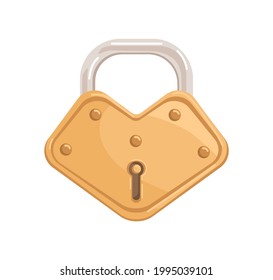 Goldenes hängendes Vorhängeschloss mit geschlossenem Metall-Shackle und Schlüsselloch. Realistischer glänzender Messingmechanismus als Symbol für Schutz und Sicherheit. Flaches Cartoon, Vektorgrafik einzeln auf Weiß