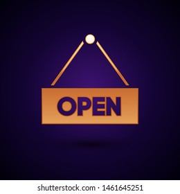 Gold Hanging sign with text Open door icon isolated on dark blue background.  Vector Illustration