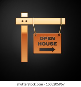Gold Hanging sign with text Open house icon isolated on black background. Signboard with text Open house.  Vector Illustration