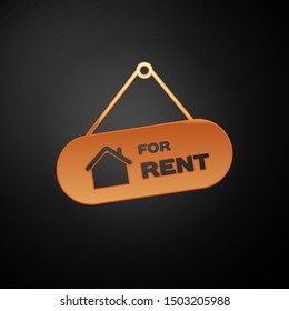 Gold Hanging sign with text For Rent icon isolated on black background. Signboard with text For Rent.  Vector Illustration
