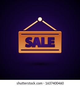 Gold Hanging sign with text Sale icon isolated on dark blue background. Signboard with text Sale.  Vector Illustration