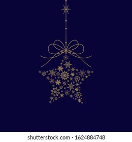 Gold hanging star made from snowflakes with bow on dark blue background. New year them. Vector illustration