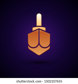 Gold Hanukkah dreidel icon isolated on dark blue background.  Vector Illustration