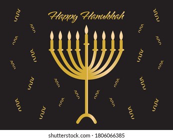 Gold Hanukkah Menorah and candles, Happy Hanukkah greeting and confetti on Black background