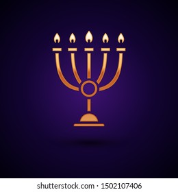 Gold Hanukkah menorah icon isolated on dark blue background. Hanukkah traditional symbol. Holiday religion, jewish festival of Lights.  Vector Illustration