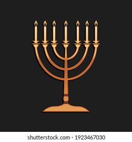 Gold Hanukkah menorah icon isolated on black background. Religion icon. Hanukkah traditional symbol. Holiday religion, jewish festival of Lights. Long shadow style. Vector