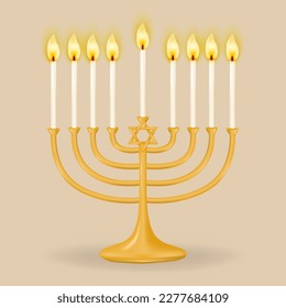 Gold Hanukkiah for nine candles on a beige background. Hanukkah candlestick in the form of a menorah with nine branches. Perfect for your holiday designs. Vector illustration.