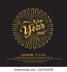Gold Happy 2020 New Year Greeting Card. Holiday Vector Illustration With Lettering Composition And Burst. Vintage festive label