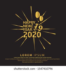 Gold Happy 2020 New Year Greeting Card. Holiday Vector Illustration With Lettering Composition And Burst. Vintage festive label