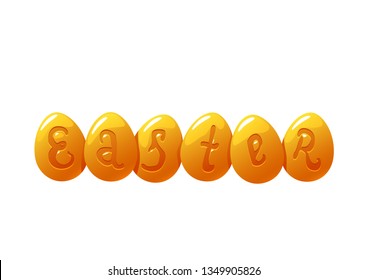 Gold happy easter egg and hand drawn lettering isolated on white background spring vector illustration