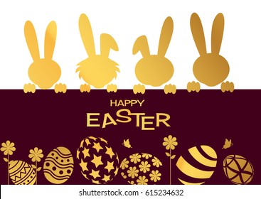 Gold Happy Easter greeting card with rabbit, bunny and eggs